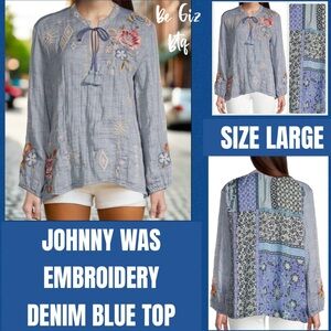 NWT Johnny Was Umoya Patchwork Scarf Floral Embroidery Blouse Denim Blue Large